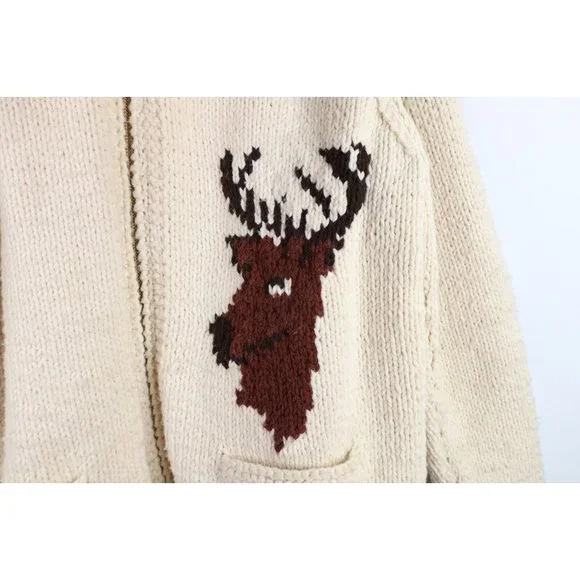 Vtg 50s Mens Large Cowichan Wool Hand Knit Deer Buck Full Zip